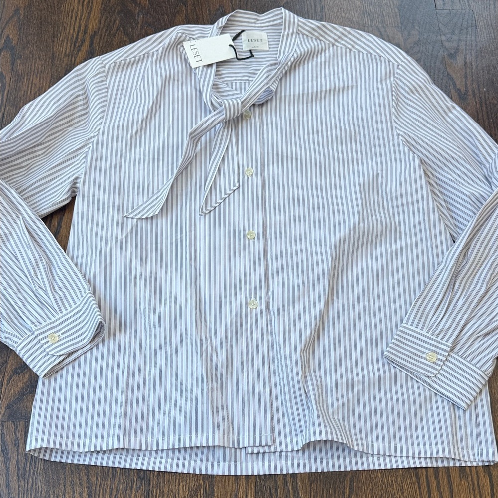 LESET Yoshi tie button shirt in parchment stripe
